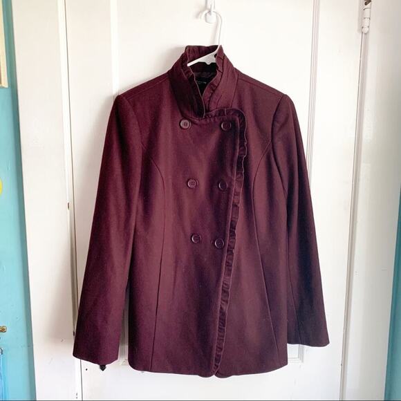 Ann Taylor Jackets & Blazers - Ann Taylor Ruffle Neck Wool Blend Pea Coat Large Buttons Maroon Burgundy Small S
